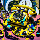 Colorful Abstract Art: Vibrant Yellow Rotary Phone with Matching Background