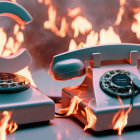 Vintage rotary telephone engulfed in flames on reflective surface