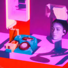 Surreal image featuring woman's face, cosmetics, and geometric shadows in pink and purple tones