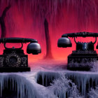 Vintage telephones on frozen surface with icicles and abstract red backdrop.