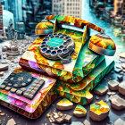 Surreal artwork: Oversized vintage telephones, answering machine, colorful patterns, flooded cityscape