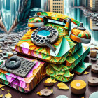 Colorful surreal artwork: Rotary phone with integrated landscapes and architecture against city backdrop