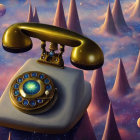 Surreal vintage rotary phone with galaxy design on dialer, cosmic background, planets, pyram