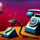 Whimsical painting featuring anthropomorphic animals and vintage telephones on purple background