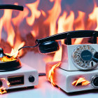 Vintage Telephones Repurposed as Kitchen Appliances with Flames on Cooking Counter