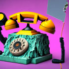 Decayed yellow rotary phone with tiny human on purple background