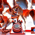 Abstract image of woman sculpture on rotary phone amid red and blue rocks