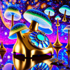 Colorful Digital Artwork: Vintage Phone with Luminescent Mushrooms in Cosmic Setting