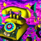 Vibrant surreal art: yellow rotary phone with eye dial on colorful background