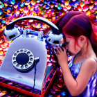 Digital Artwork: Young Girl with Red Hair Holding Vintage Telephone