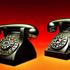 Vintage rotary dial telephones on red background, one with off-hook receiver