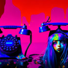 Colorful digital artwork of futuristic girl with blue hair and rotary phones on vivid backdrop.