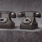 Vintage rotary telephones with handset off hook and abstract organic fingers reaching.