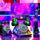 Colorful Vintage Rotary Phones and Microphone on Stand Background Display