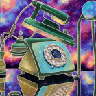 Vintage Green Rotary Phone with Cosmic Starfield Background and Matching Lava Lamp