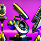 Vintage Rotary Telephones in Gold and Chrome on Purple Background