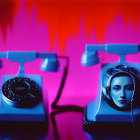 Vintage rotary dial telephones on red and purple backdrop, one with twisted cord.