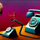 Surreal artwork: flying cats with human-like faces, vintage telephones, red backdrop, solar