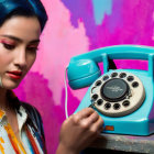 Woman with Red Lipstick Dialing Blue Rotary Phone on Paint-Splattered Background