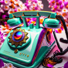 Colorful retro-style telephone with ornate details and flowers backdrop