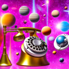 Vintage Gold Rotary Phone in Cosmic Space Scene