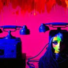 Colorful neon woman with telephone on head on magenta backdrop