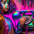 Colorful digital artwork: Young girl with vibrant hair and old-fashioned telephone in neon setting.