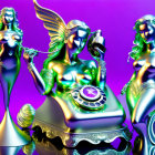 Metallic female figures with mythological features on purple backdrop.