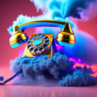 Vintage Golden Telephone with Blue Cloud on Vibrant Pink and Blue Background