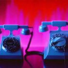 Vintage Blue Rotary Phones Illuminated by Neon Lights