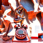 Surreal artwork with polished figure on red telephone and open book on rocky backdrop