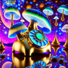 Colorful psychedelic artwork with mushrooms, golden face, and mandala on starry backdrop