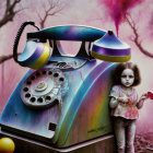 Surreal artwork: vintage telephone and girl in misty, pink-tinged setting