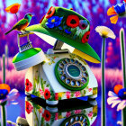 Colorful Vintage Rotary Phone with Flower Hat and Hummingbird in Vibrant Scene