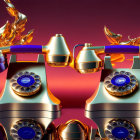 Vintage telephones with purple and gold accents in liquid gold on burgundy background