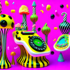 Colorful surrealistic scene with spotted dog, retro phone, and candy trees on pink background