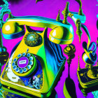 Vibrantly colored surreal artwork of a melting rotary phone on purple backdrop