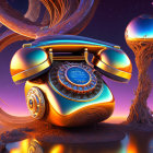 Surreal digital artwork: Vintage rotary phone on alien landscape.