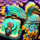 Colorful Bird Sculpture on Vintage Rotary Phone with Floral Patterns