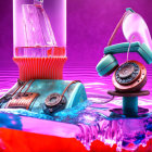 Vintage telephones and lightbulb in swirling water on purple background.