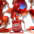 Abstract art: Woman with red hair next to rotary phone in red and white backdrop