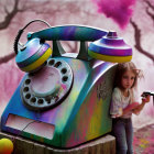 Child standing next to oversized surreal rotary phone in ethereal landscape