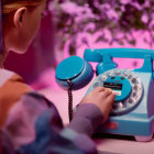 Colorful Hair Person Dialing Retro Blue Rotary Phone in Pink Room