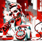 Stylized red and white artwork featuring man with hat and vintage microphone