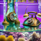 Vintage rotary phones in fish tank with coral & bubbles symbolize underwater communication concept