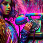 Vibrant holographic jacket woman with vintage telephone in colorful lighting