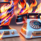 Vintage Telephones Engulfed in Flames on Wooden Surface