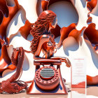 Stylized 3D model of woman with flowing hair integrated into vintage red telephone on abstract background