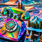 Colorful Psychedelic Rotary Phone Against Winter Landscape