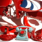 Vintage Turquoise Rotary Phone and Red Stand Mixer Parts on White Surface